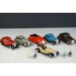 Six original Triang Minic tin plate clockwork road vehicles with one set of 4 x diecast figures