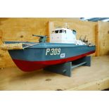 Large wooden & metal construction of a warship P309, with stand, boat has facility for motor, vg