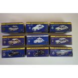 Nine boxed 1:43 Atlas Best of Police Cars diecast models, all vg with boxes gd