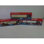 Three boxed 1/50 Tekno diecast haulage models featuring 1989 Scania Truck of the Year, van den