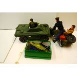 Collection of original Palitoy Action Man to include 3 x figures, Cherilea Motorcycle and sidecar,