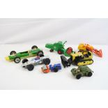 Seven playworn diecast & plastic model vehicles to include Triang Mini Hi-Way Series, Matchbox