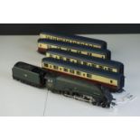 Hornby OO gauge Mallard locomotive in BR green plus a set of 4 x Hornby coaches in maroon / cream