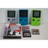 Nintendo Game Boy - Two Colours (lime green and turquoise blue, Game Boy Pocket in silver, a boxed