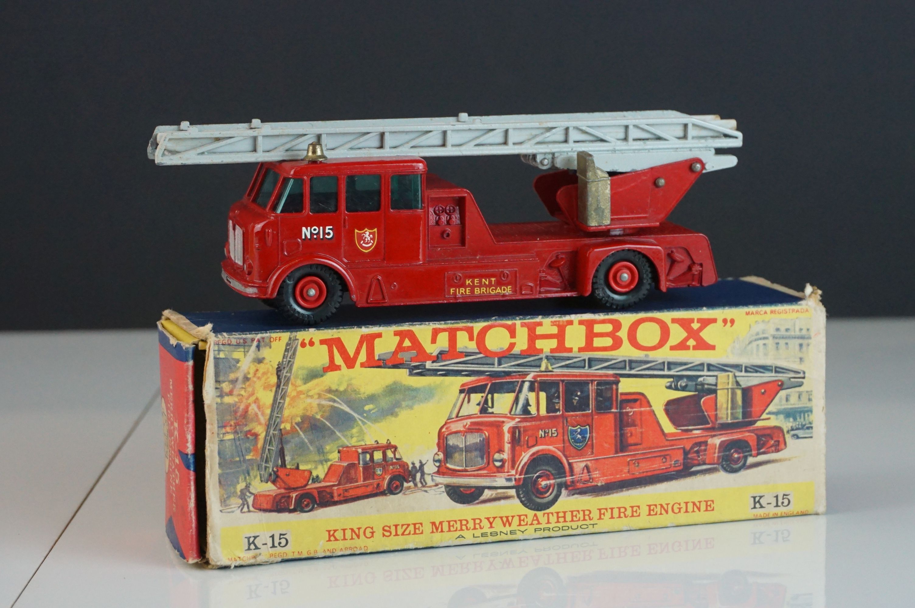 Boxed Matchbox K15 King Size Merryweather Fire Engine diecast model in vg condition with minimal