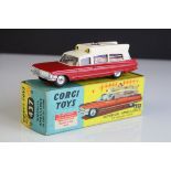 Boxed Corgi 437 Superior Ambulance on Cadillac Chassis diecast model in vg condition with vg decals,