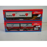 Two boxed 1/50 Tekno diecast haulage models featuring ScanDutch and Vrolijk International Transport,