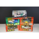 Five boxed / cased Matchbox SCX slot cars to include 83480 Lancia 037 Olio Fiat, 83820.20 Toyota