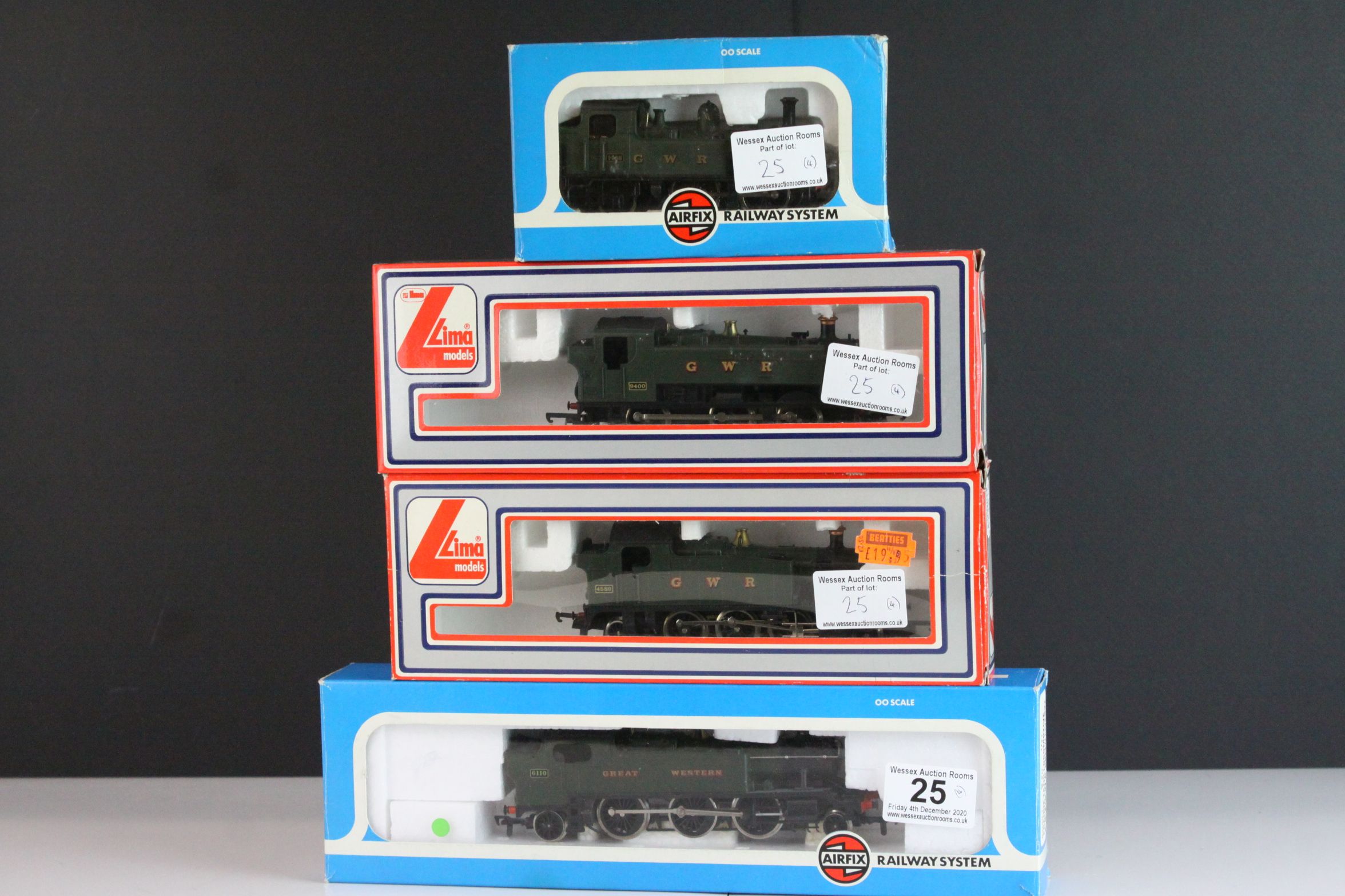 Four boxed OO gauge locomotives to include 2 x Lima (205111MWG GWR 2-6-2 & 205117MWG GWR 0-6-0)