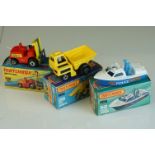 Three boxed Matchbox Superfast diecast models to include 26 Site Dumper, 15 Fork Lift Truck and 52