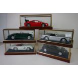 Five cased 1:18 scale diecast model classic cars, to include MG, Ferrari, Bugatti, Aston Martin &