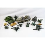 14 Diecast military vehicles and artillery diecast models to include Unimax, Dinky, Crescent and