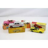 Four boxed Dinky diecast models to include 113 MGB Sports Car in white, 218 Lotus Europa Speedwheels
