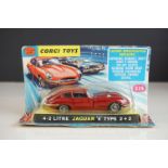 Boxed Corgi 335 4.2 Litre Jaguar E Type 2+2 diecast model in dark red, diecast excellent, box gd