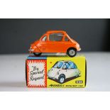 Boxed Corgi 233 Heinkel I Economy Car in orange with yellow interior, complete with instructions,