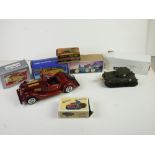 Five boxed tin plate models to include Schylling Rocket Racer, Daiya Japan Sparking Tank,