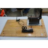 Stuart Live steam stationary lay out with engine and burner, on large wooden base, base measures 33"
