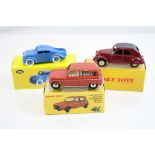 Three boxed Atlas Dinky diecast models to include 262 Swiss Postal VW, 518 Renault 4L & 34a Royal