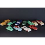 11 Mid 20th C Dinky diecast models to include AC Aceca, 165 Humber Hawk x 2 (variants) etc