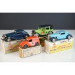 Three Triang Minic clockwork tin plate models to include Taxi and 2 x Vauxhall Tourer, good with