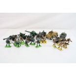 20 x Playworn Britains plastic and diecast WWII Soldiers and vehicles, plus two playworn Dinky