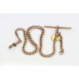 9ct rose gold curb link Albert chain, 9ct gold t bar and toggle, each link hallmarked, length approx