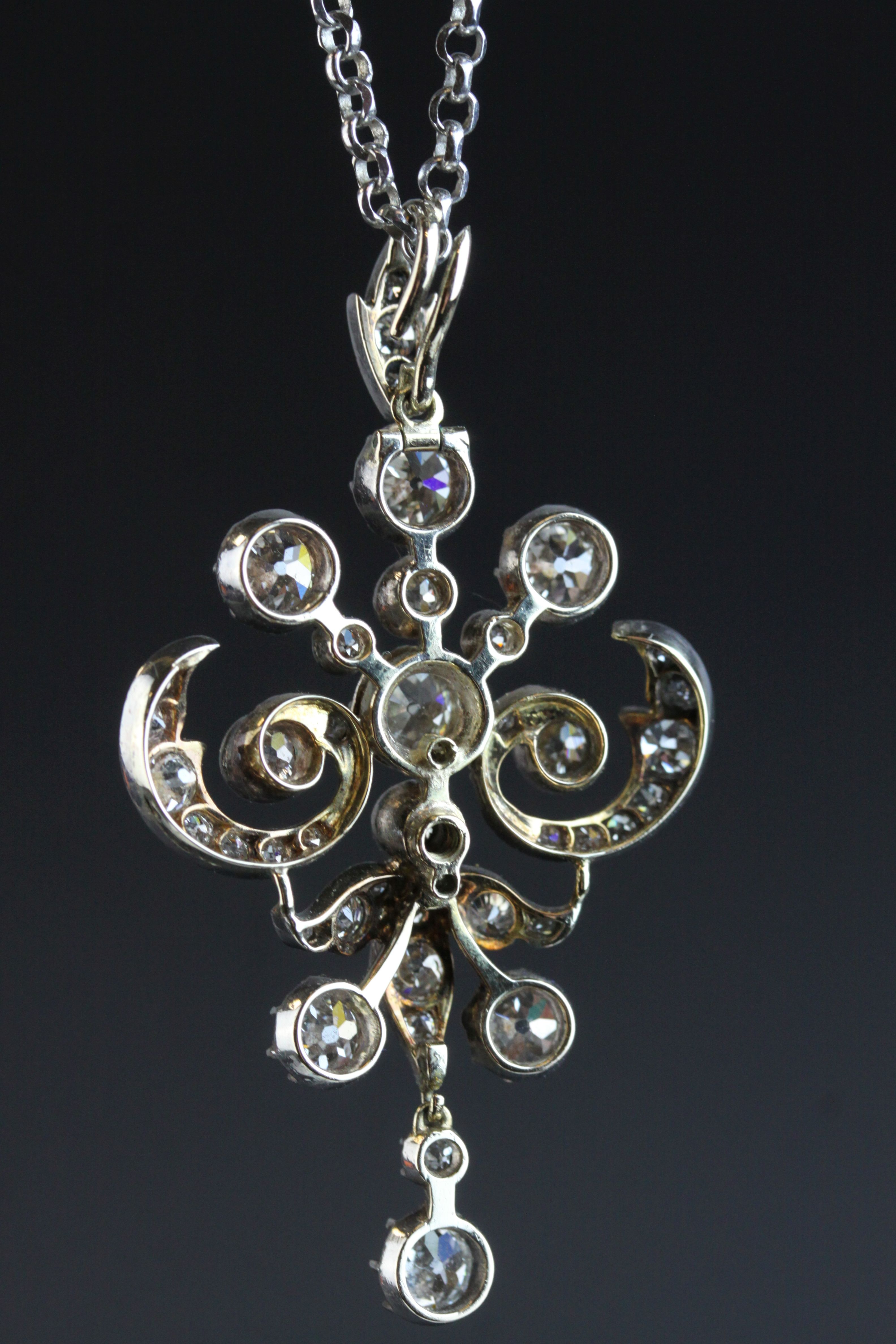 Victorian diamond pendant necklace with dropper, scroll design, the principle old round brilliant - Image 6 of 8