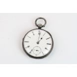 Victorian silver open faced key wind pocket watch, white enamel dial and subsidiary dial, black