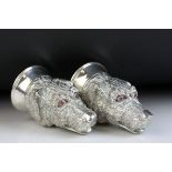 Continental silver plated novelty salt and pepper pots, modelled as dog heads, small faceted