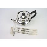Edwardian bachelors? silver tea pot, plain polished bulbous form, ebony handle and finial, makers