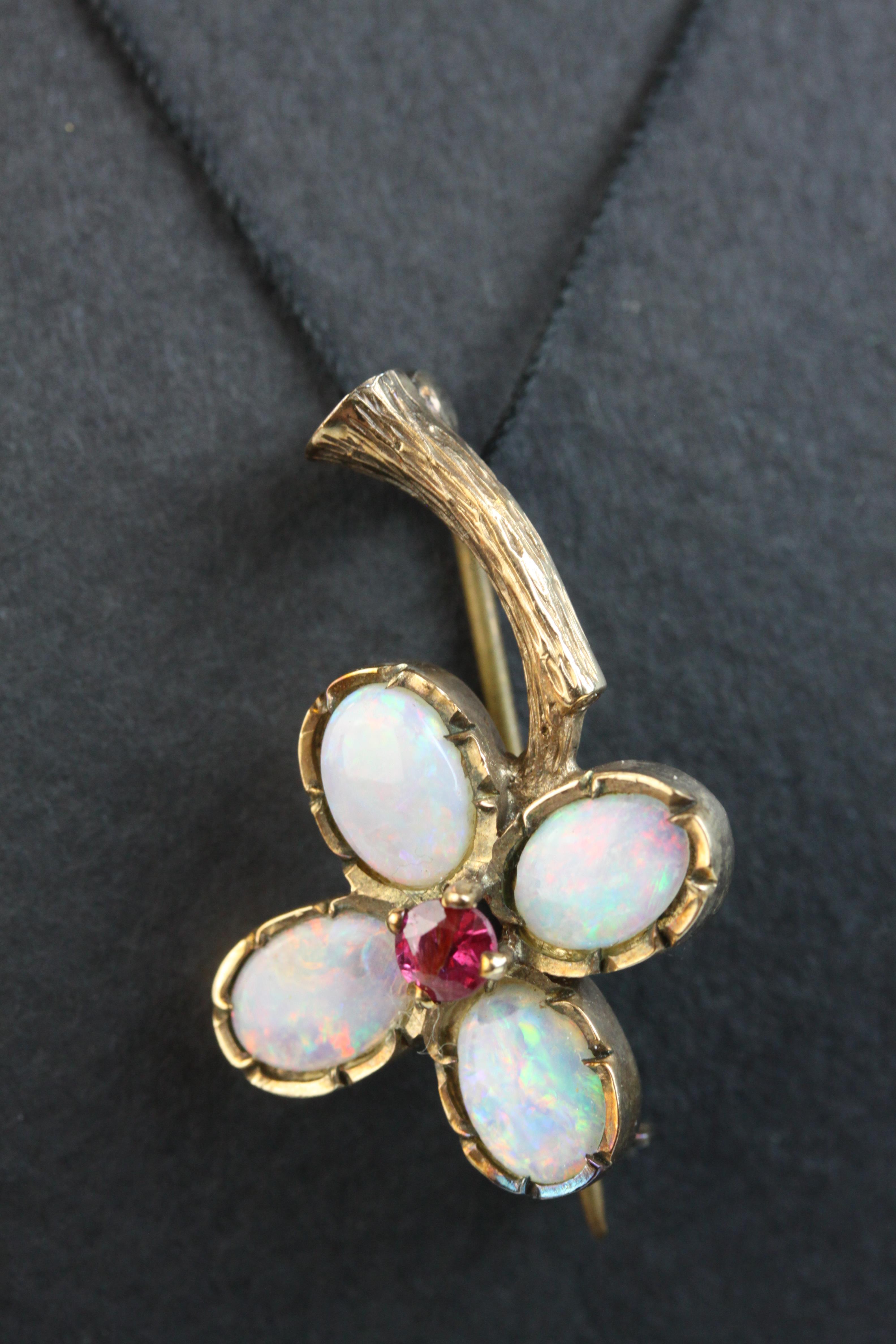 Victorian opal and ruby 9ct rose gold flower head brooch, the flower head formed of four oval - Image 3 of 4