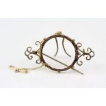 Late Victorian 9ct rose gold coin holder brooch, scroll terminals, granulation decoration (without