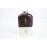 Victorian silver and crocodile leather mounted glass hip flask, the silver screw cap and removable