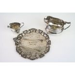 Silver card tray, engraved signatures and personalisation, silver milk jug raised on four ball feet,