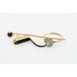 White stone 9ct yellow gold cluster ring, ring size M½, garnet yellow metal stick pin and a yellow