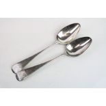 Pair of George IV silver table spoons, old English pattern, engraved terminals, makers William