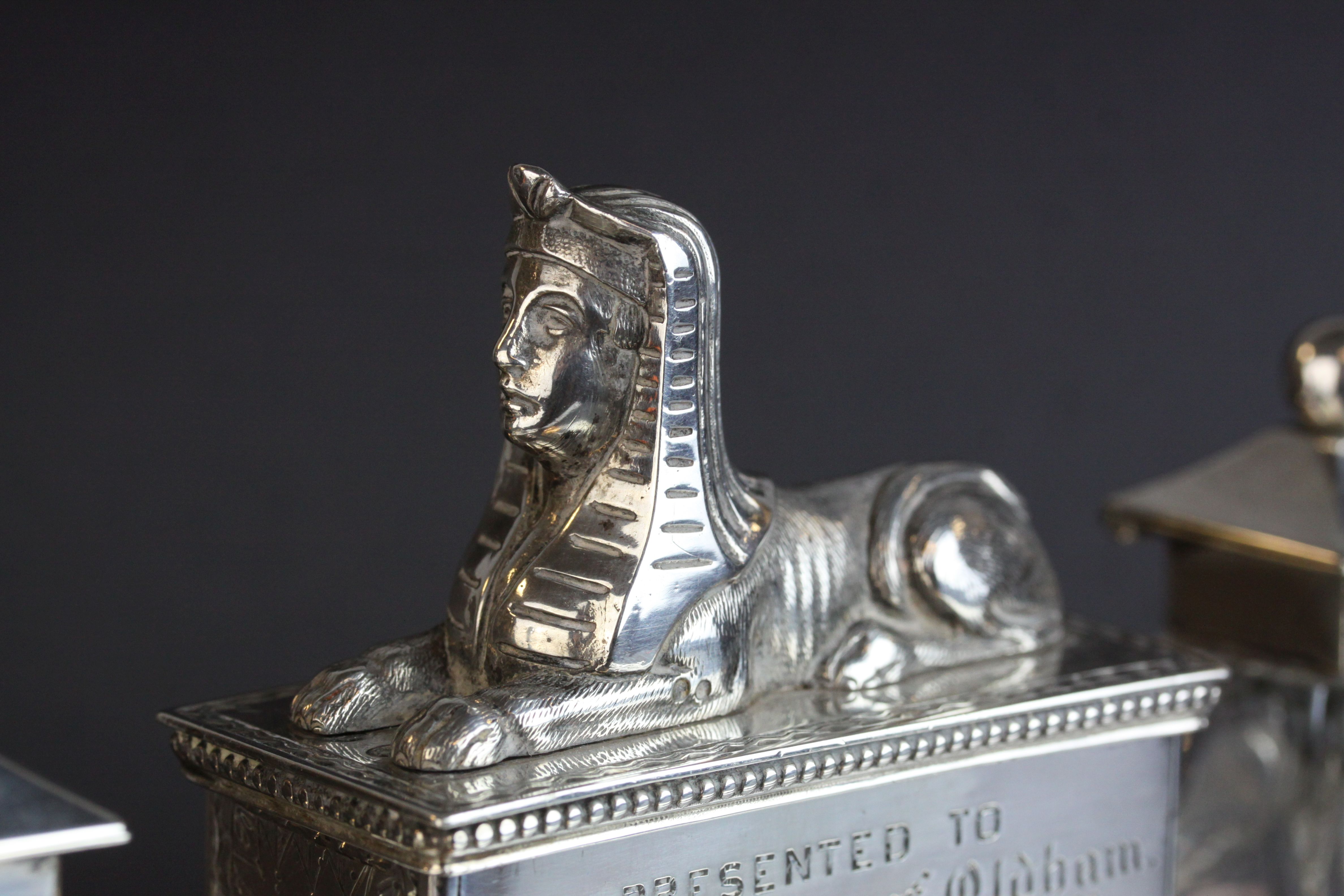 Victorian silver double ink and pen desk stand, the central compartment with cast Sphinx surmount - Image 3 of 20
