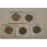 Five United States Of America Susan B Anthony Dollars with mint marks for Denver, San Francisco