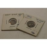 Two United States Of America Silver Seated Liberty Half Dime Coins Dating to 1853 and 1861.