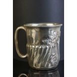Victorian silver mug, gadrooning to lower half, engraved cartouche, repousse floral, foliate and