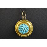 Victorian Etruscan turquoise target pendant, unmarked gold, the centre comprising thrity-seven