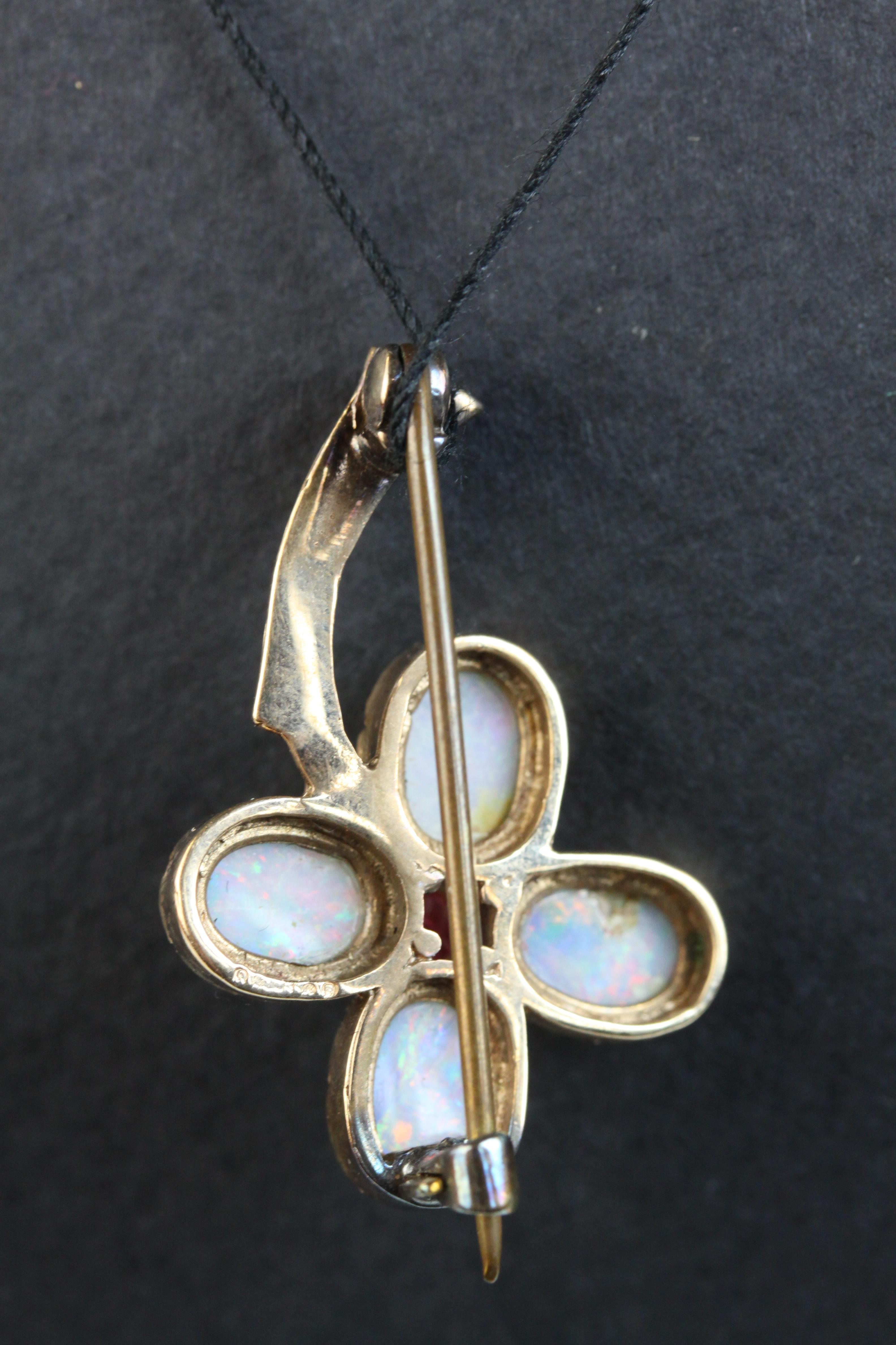 Victorian opal and ruby 9ct rose gold flower head brooch, the flower head formed of four oval - Image 4 of 4