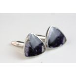 Pair of Blue John silver cufflinks, triangular cabochon cut Blue John, hallmarked Sheffield 1946,