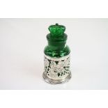 Edwardian green glass scent bottle, the stopper modelled as a crown, pierced silver collar, floral