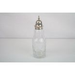 Silver topped cut glass sugar caster, baluster finial, engraved foliate decoration, makers Peter &