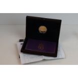 A Queen Elizabeth II Gold £5 proof coin in presentation box with COA, Limited edition No.161 of 250