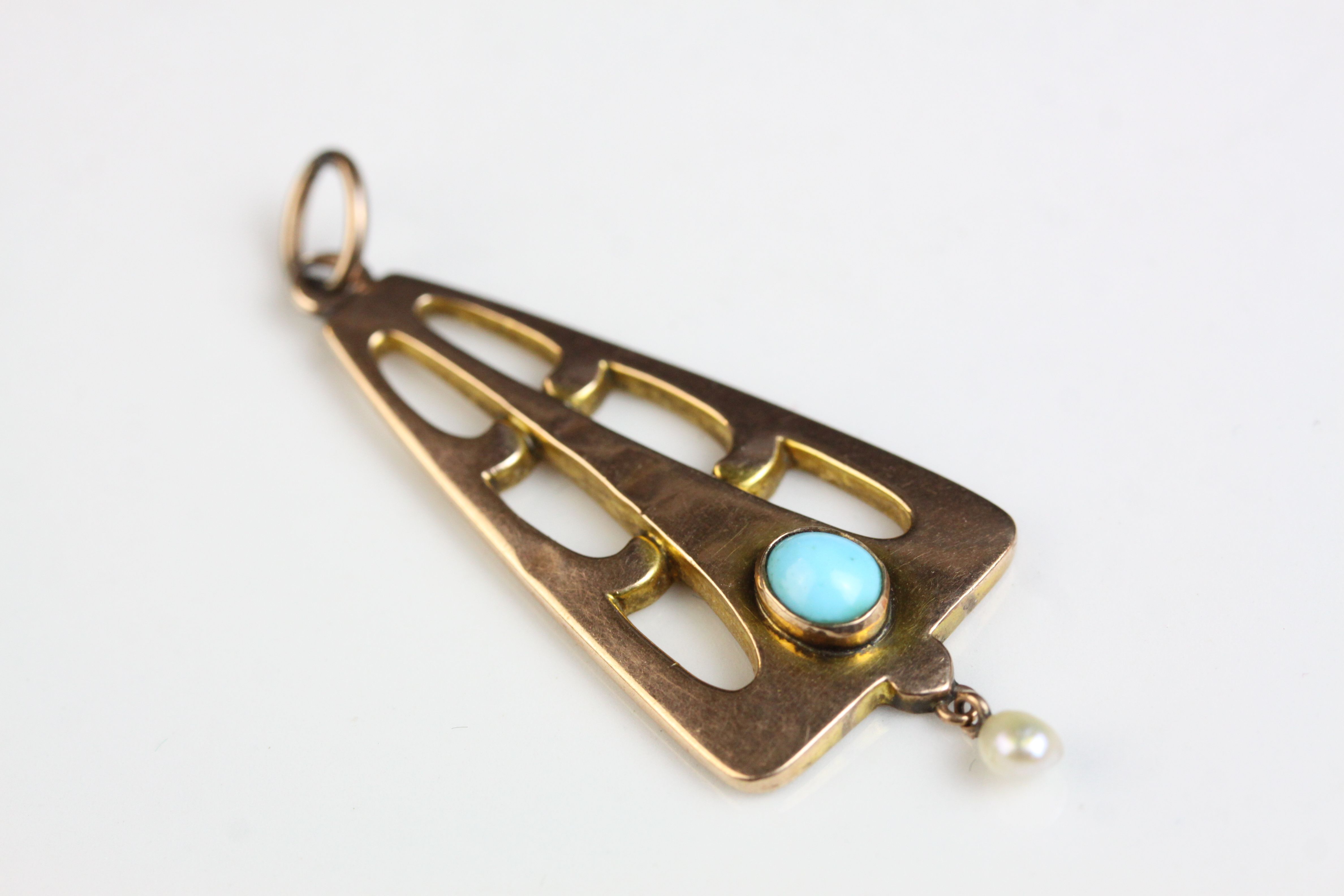 Arts and Crafts turquoise and seed pearl 9ct rose gold pendant, the openwork triangular design frame - Image 2 of 4