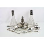 Pair of silver collared scent bottles (stoppers missing) a silver salt spoon, small quantity of EPNS