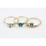 Emerald and diamond 9ct yellow gold ring, square mixed cut emerald measuring approx 4mm x 4mm,