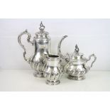 19th century three piece German silver coffee service comprising coffee pot, twin handled lidded